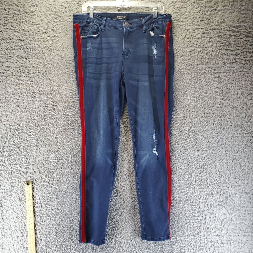 Judy Blue Jeans Women’s Size 15/32 Blue With Red Stripe Skinny Fit Distressed